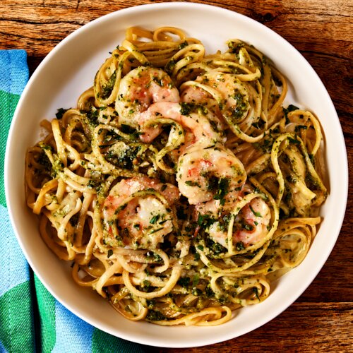 Linguine with Shrimp & Hazelnut Pesto